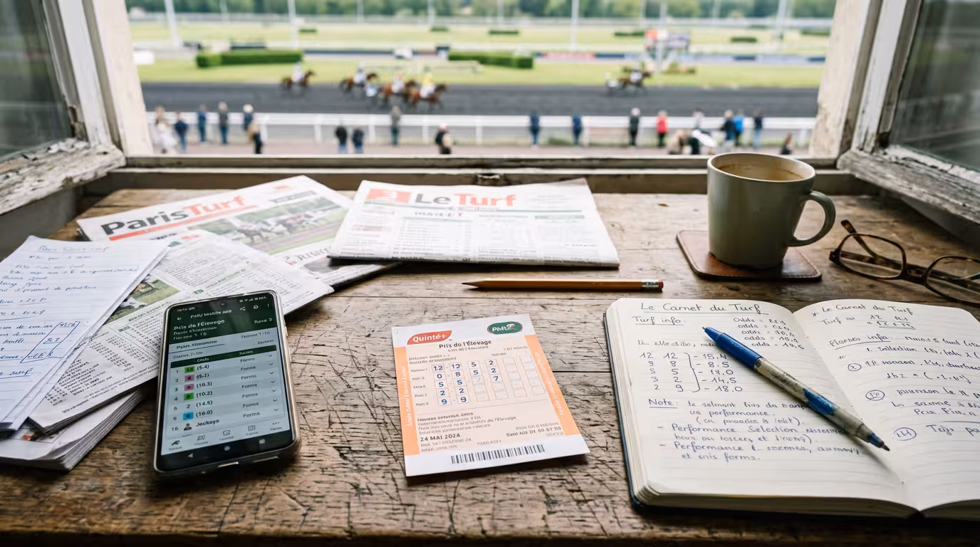 Bureau d'analyse avec bulletin de quinté et statistiques de courses hippiques