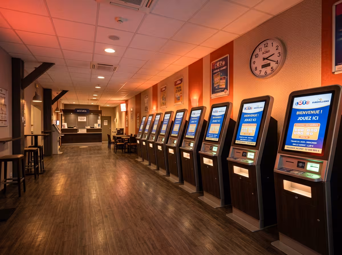 Salle de jeu avec terminaux Amigo actifs, ambiance loto aux tons rouges et ambrés