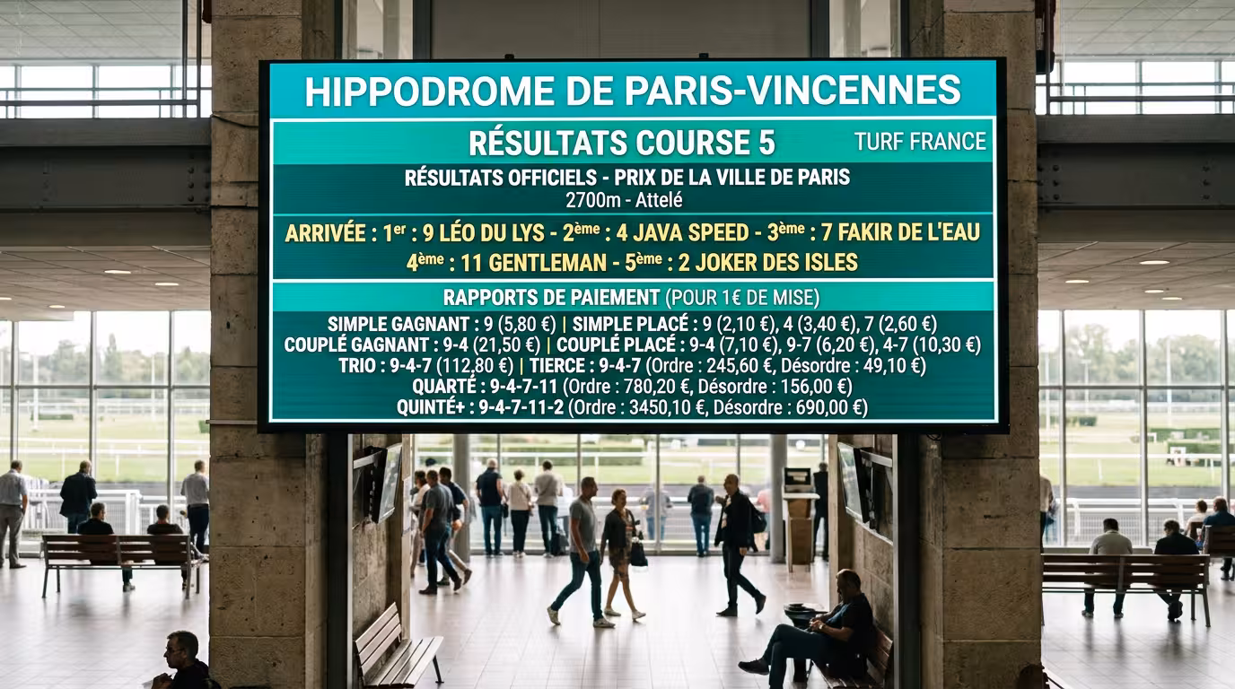 Affichage des résultats d'un quarté quinté avec numéros gagnants et rapports sur tableau d'hippodrome
