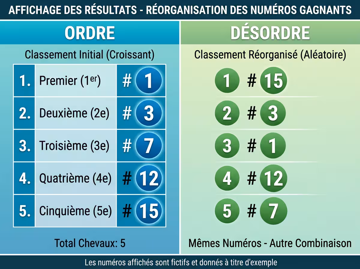 Comparaison visuelle entre l'ordre et le désordre d'une arrivée de course hippique avec numéros gagnants