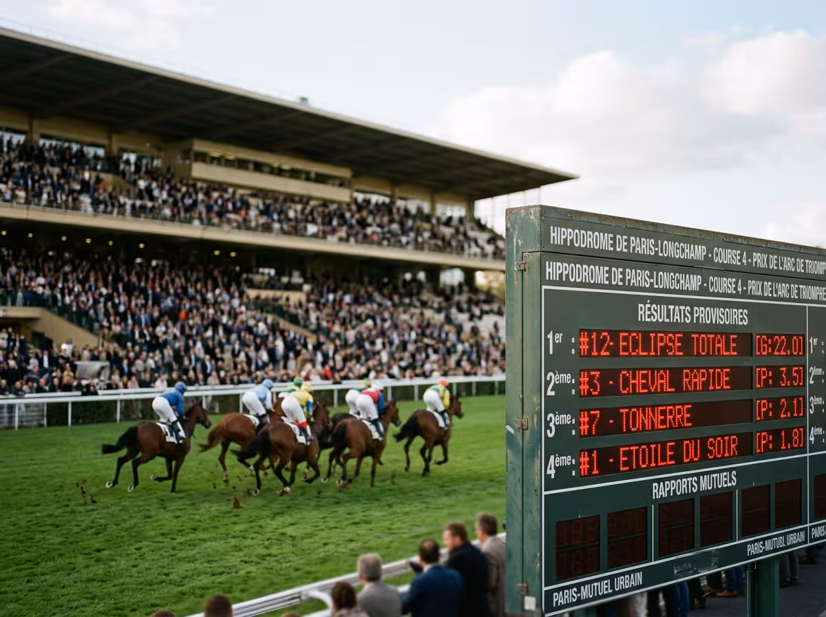 Piste d'hippodrome français avec affichage des résultats montrant un outsider gagnant contre les favoris