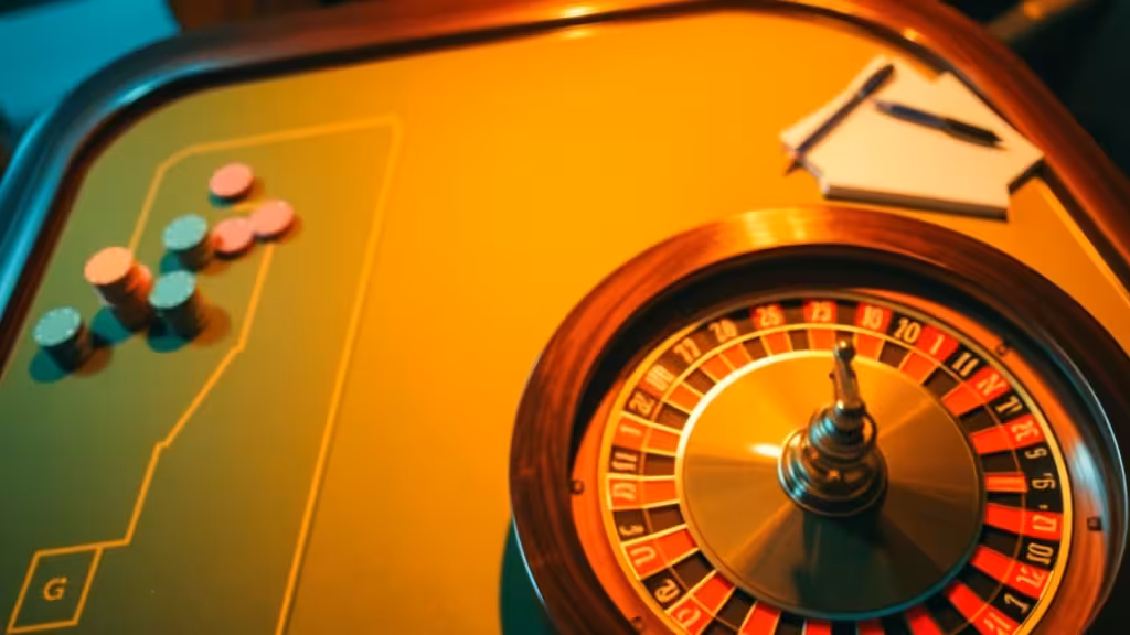 Table de roulette casino vue de haut avec jetons organisés et ambiance analytico-professionnelle