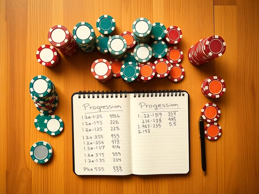 Jetons de casino en progression ordonnée avec feuille de suivi des mises pour illustrer les systèmes