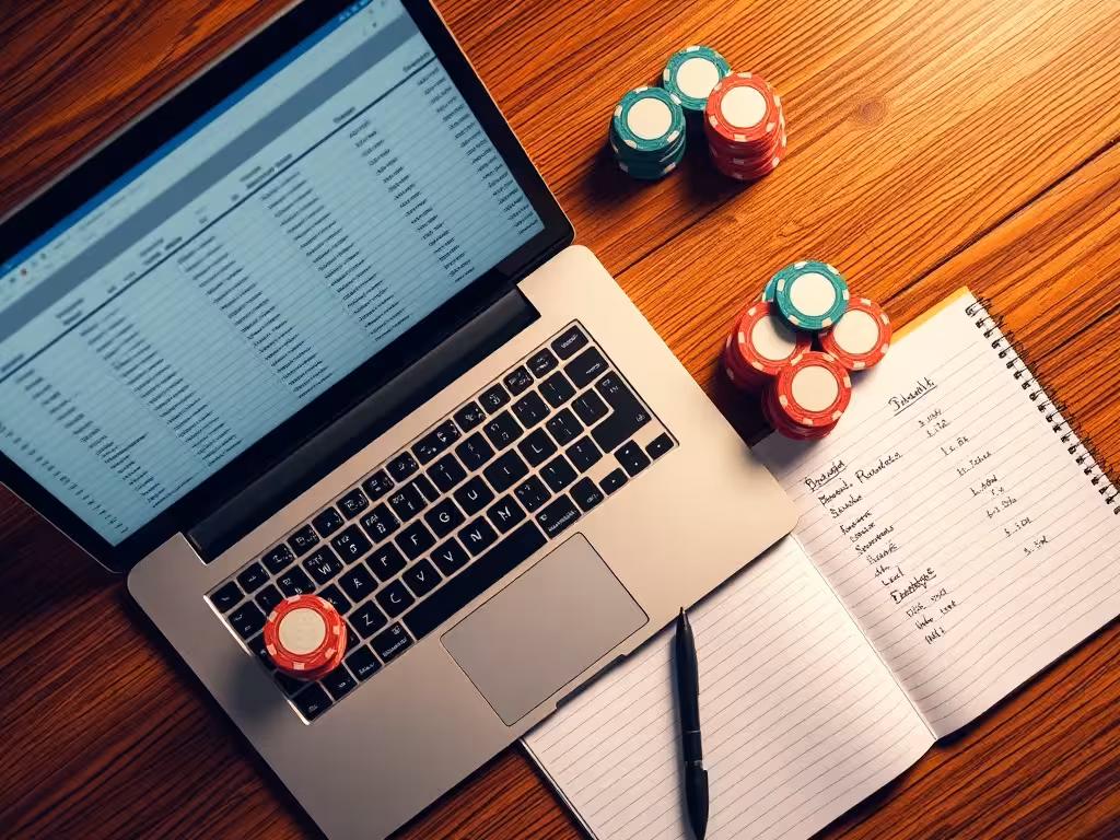 Espace de gestion de bankroll avec écran de suivi, jetons et notes comptables pour article discipline monétaire