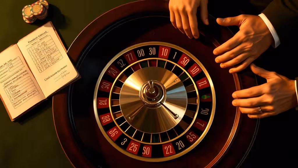 Roulette de casino vue d'en haut avec bloc-notes analytique et jetons, ambiance professionnelle