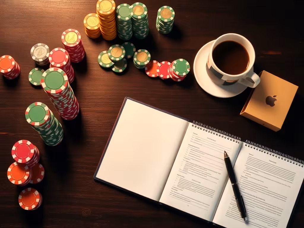 Espace de jeu organisé avec jetons rangés et notes - gestion de bankroll et discipline