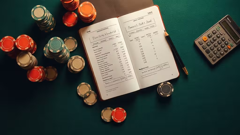 Jetons de poker organisés en piles, cahier de notes avec calculs financiers et calculatrice, illustrant la gestion méthodique d'une bankroll.