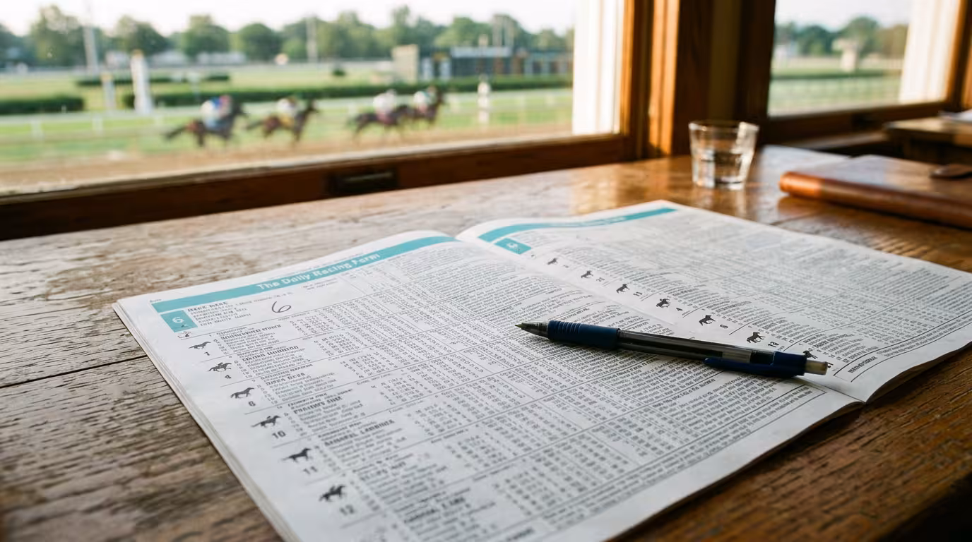 Feuille de pronostic hippique baseprono posée sur un bureau, stylo et programme de courses
