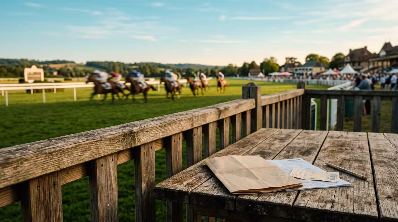 Vue d'hippodrome avec programme de courses au premier plan, illustrant l'analyse du quinté