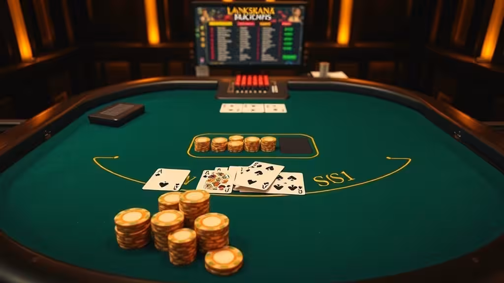 Vue aérienne d'une table de blackjack avec cartes et jetons, ambiance casino professionnel.