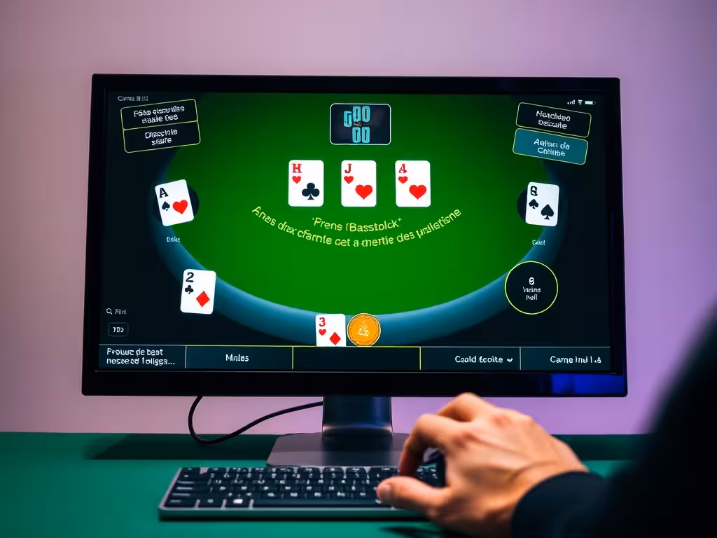 Interface de jeu de blackjack gratuit affichée à l'écran avec cartes et plateau de jeu.