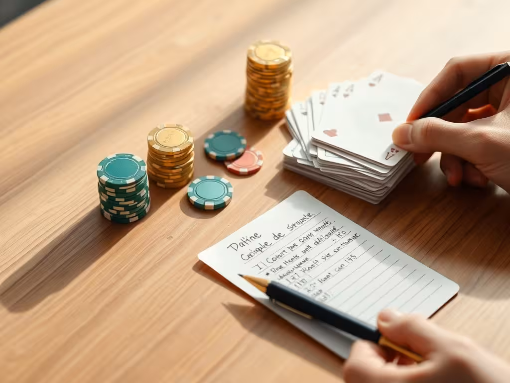 Jetons de casino, cartes et notes de suivi de stratégie en français pour la gestion du risque.