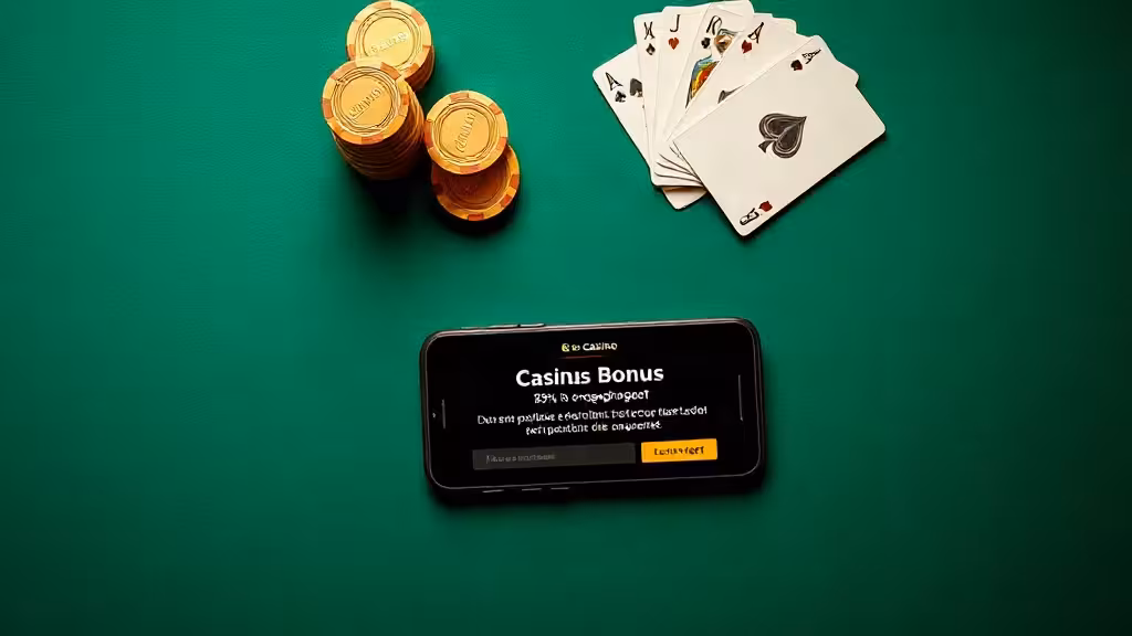 Table de poker avec jetons dorés et écran affichant les bonus casino 2026