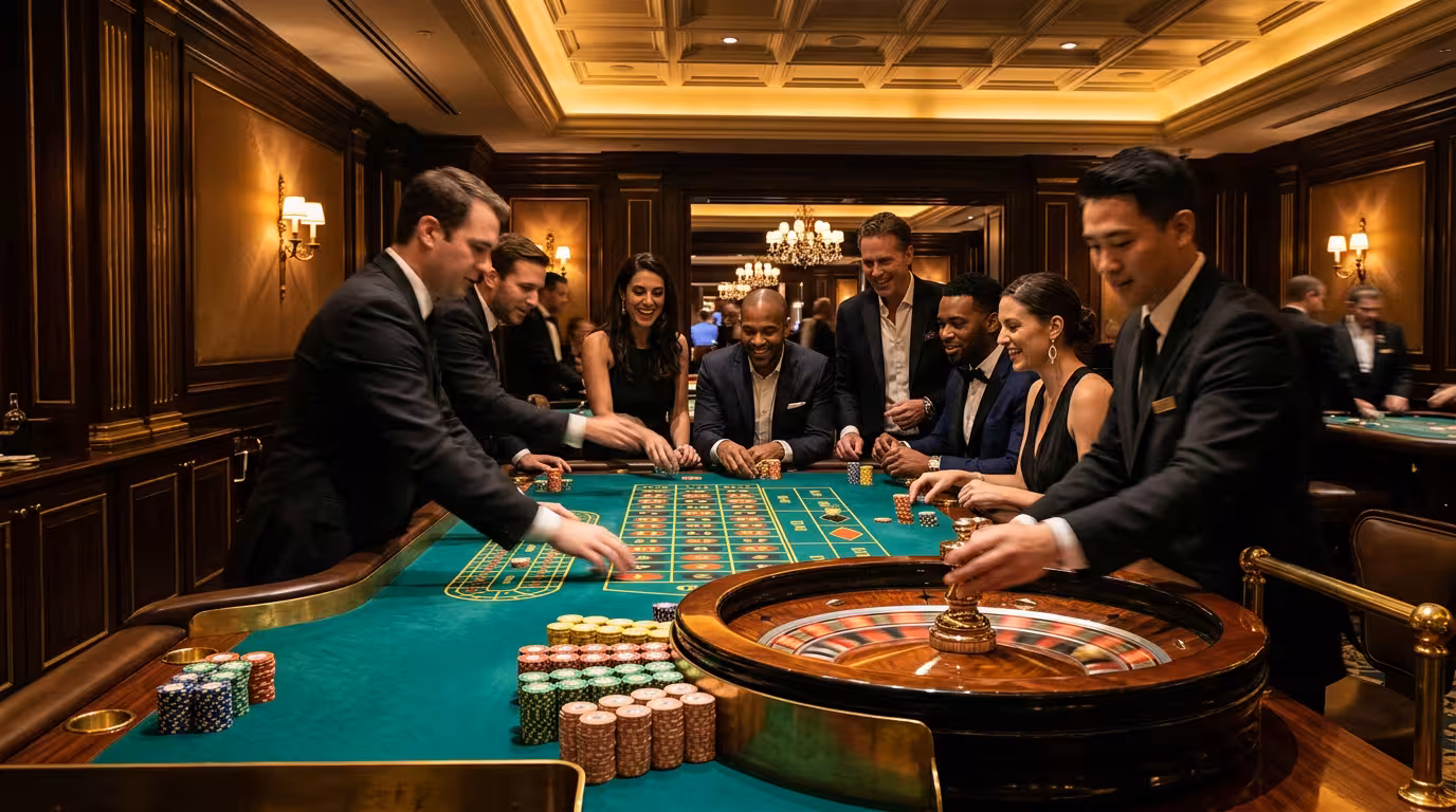 Salle de jeu du casino avec table éclairée en lumière dorée chaude, jetons colorés et feutrine verte professionnelle.