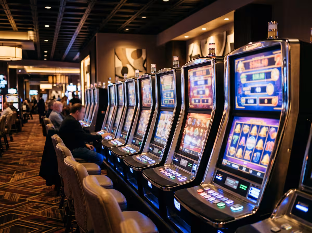 Rangée de machines à sous brillantes avec écrans colorés et boutons lumineux dans un casino.