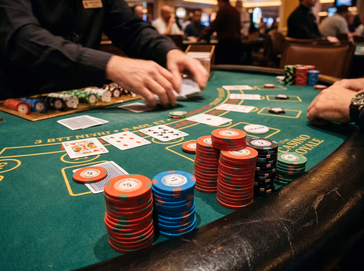 Surface de table de poker avec jetons empilés, cartes à jouer et tapis vert d'un casino Aix-les-Bains.