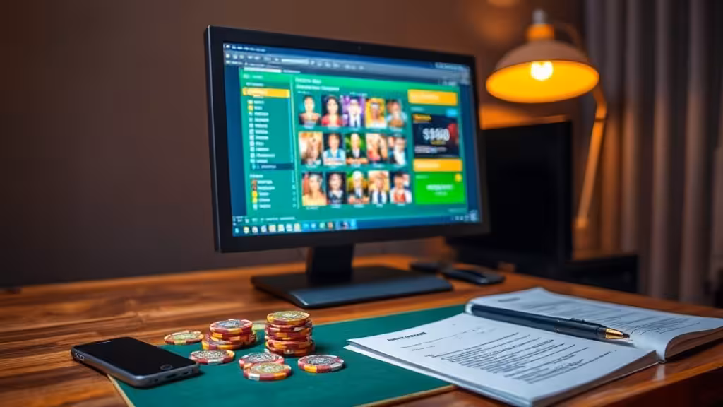 Bureau d'analyse avec écran de casino en ligne, documents de vérification et jetons sur fond vert et doré
