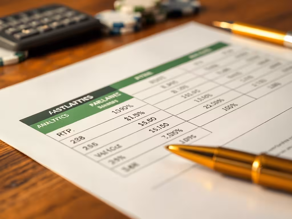 Feuille d'analyse affichant les pourcentages RTP et statistiques de variance de jeux de casino