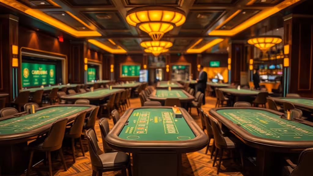Intérieur prestigieux du Casino Barrière de Cannes, tables de jeu illuminées et ambiance professionnelle