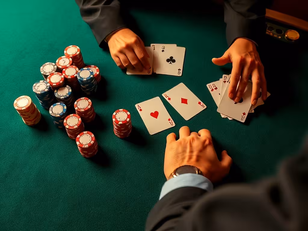 Table de blackjack au Casino Barrière, jetons arrangés et cartes de jeu, vue de croupier