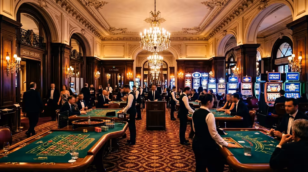 Vue d'ensemble de la salle de jeux du Casino Barrière Enghien-les-Bains en soirée