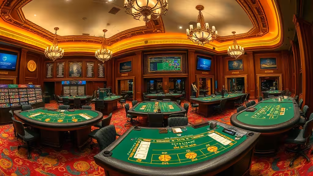 Intérieur spacieux d'un casino de jeux français avec tables de jeu et décoration chaleureuse