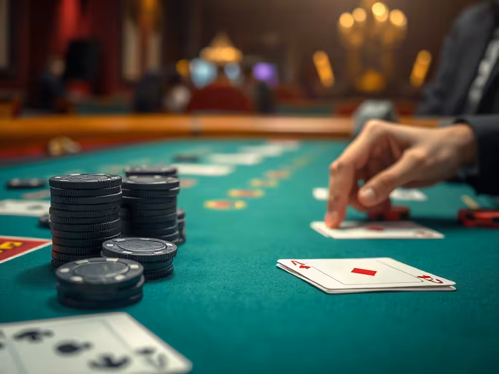 Plateau de jeu de casino avec jetons noirs et cartes sur feutrine verte