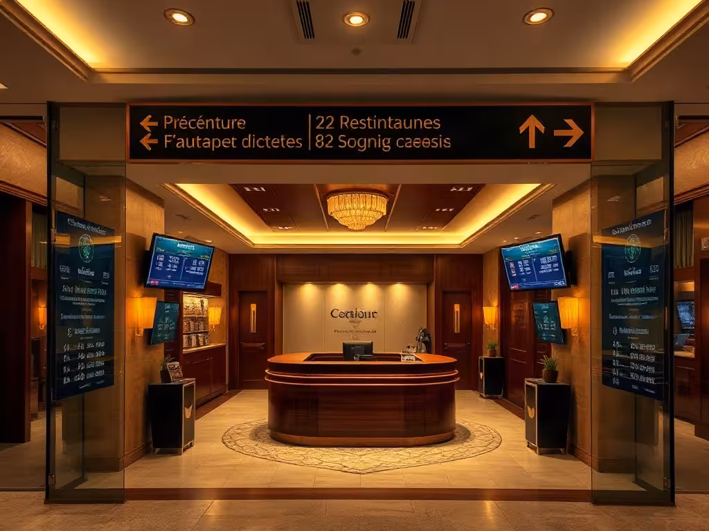Hall d'entrée accueillant d'un casino français avec écrans informationnels et signalisation