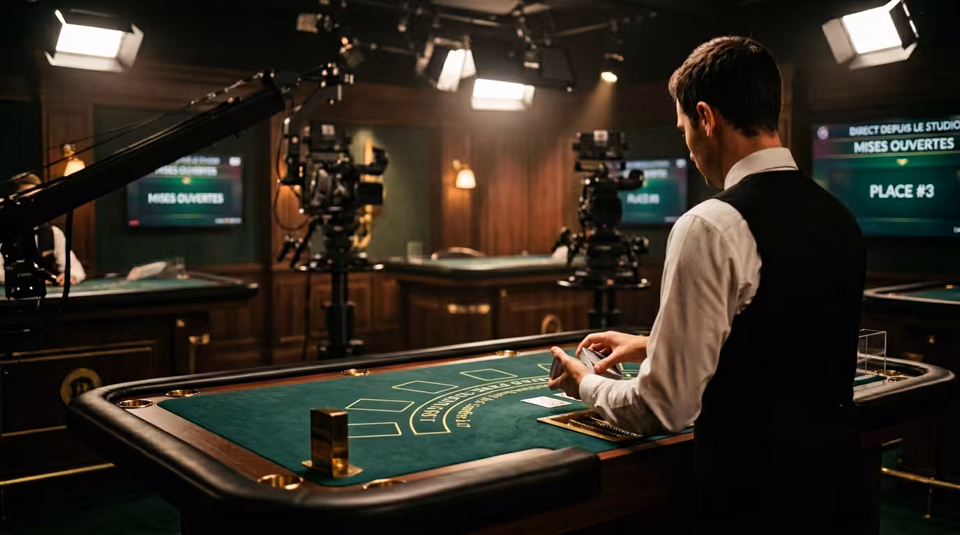 Studio de casino live avec croupier de dos à une table de blackjack en feutrine verte