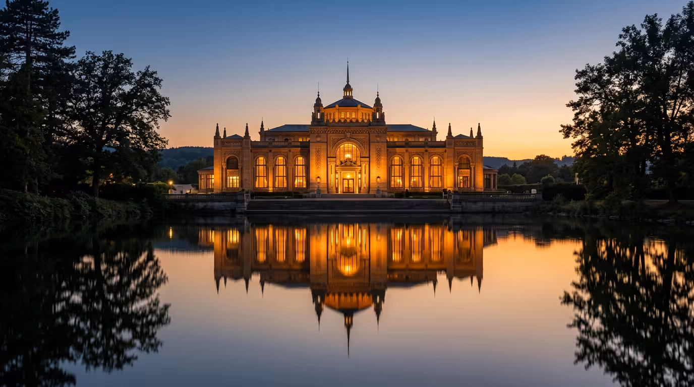 Façade illuminée du casino d'Enghien-les-Bains reflétée dans le lac au crépuscule