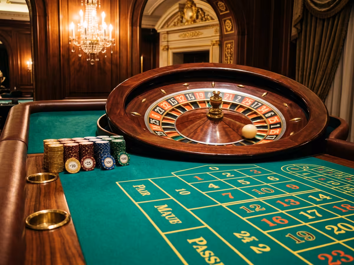 Table de roulette en feutre vert dans la salle de jeux d'un casino élégant