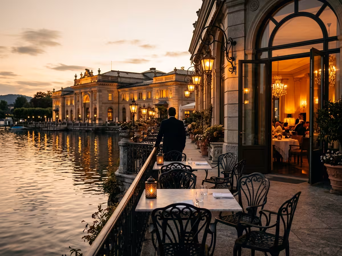 Terrasse du casino d'Enghien-les-Bains donnant sur le lac en soirée