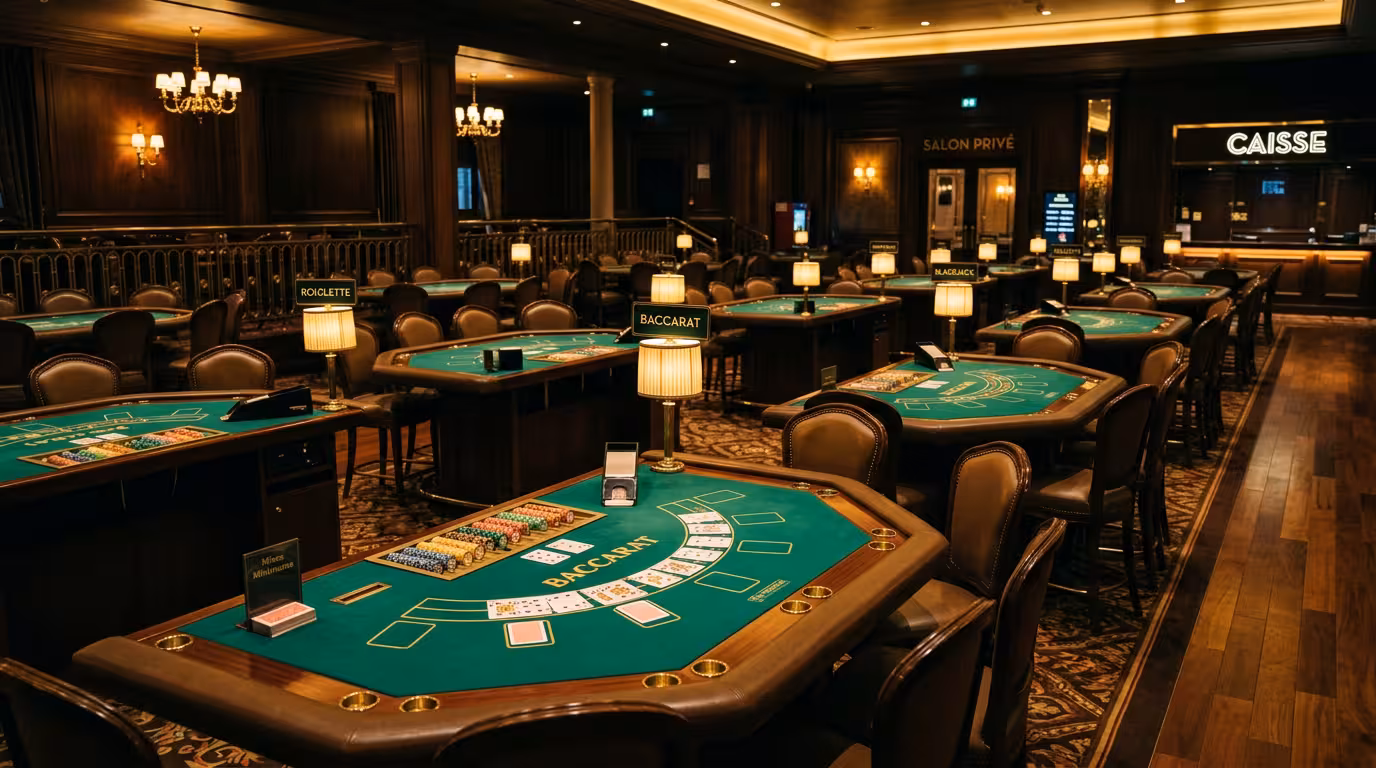 Salle de jeu du Casino Enghien avec tables vertes, éclairage doré et atmosphère élégante