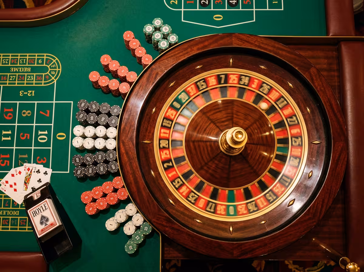 Vue détaillée d'une table de roulette avec jetons de couleur et cartes de jeu