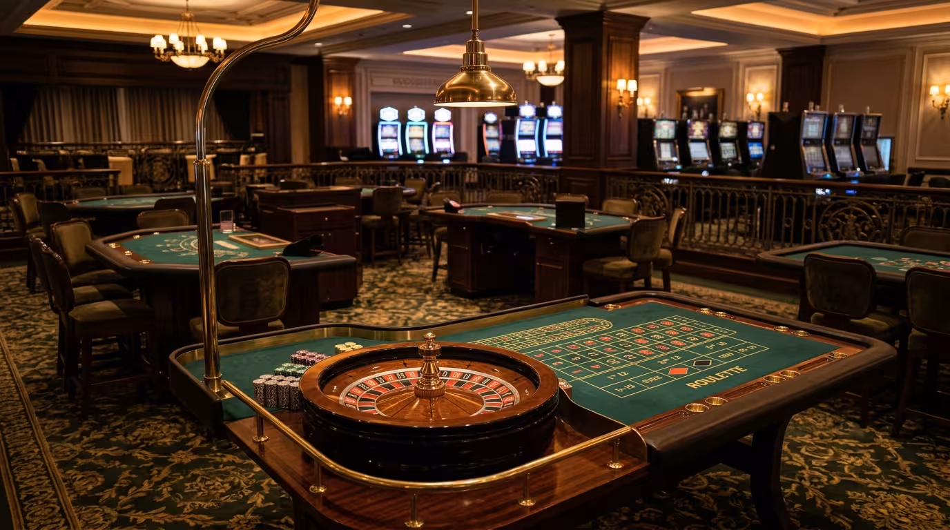 Salle de casino Forges-les-Eaux avec roulette et machines à sous sous lumière tamisée