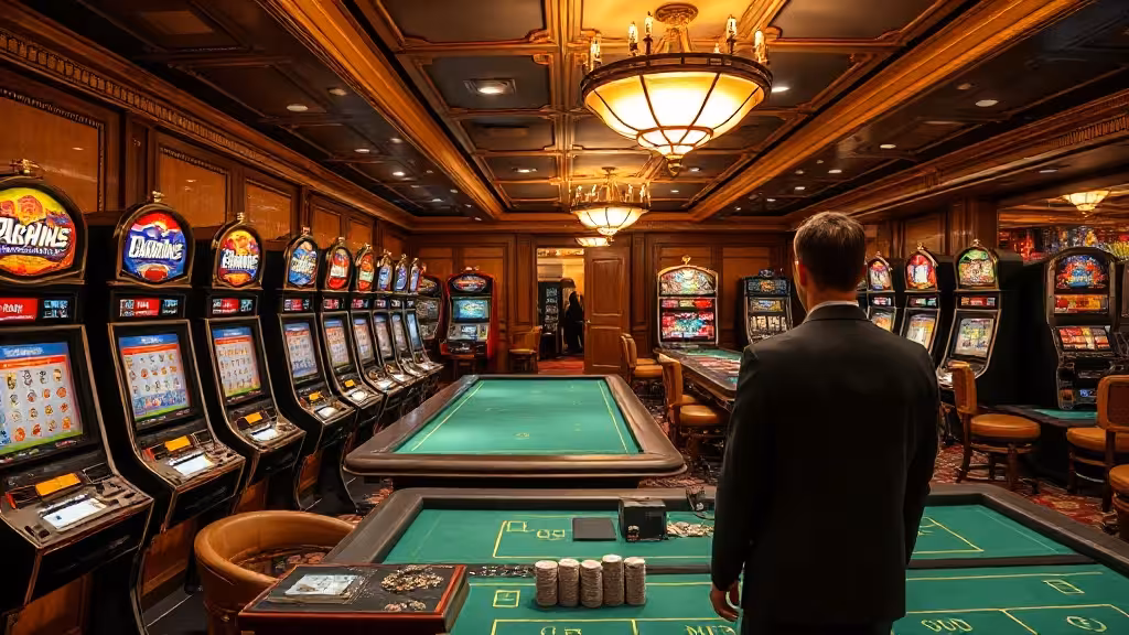 Intérieur du Casino Grand Cercle d'Aix-les-Bains avec machines à sous illuminées, tables de jeu et tapis vert