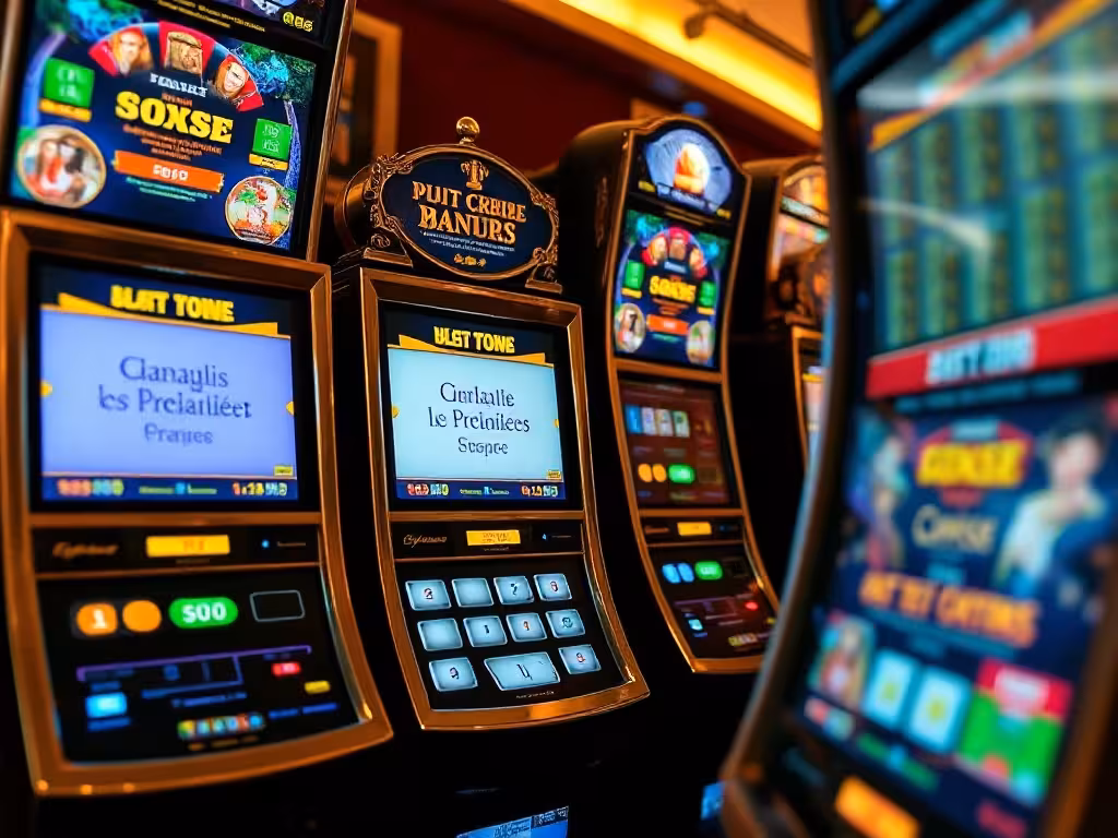 Rangée de machines à sous modernes dans une salle de casino aux éclairages chauds et dorés