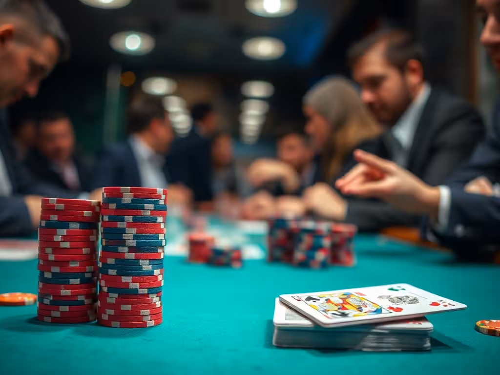 Table de jeu avec jetons et cartes dans une ambiance casino professionnelle et mesurée