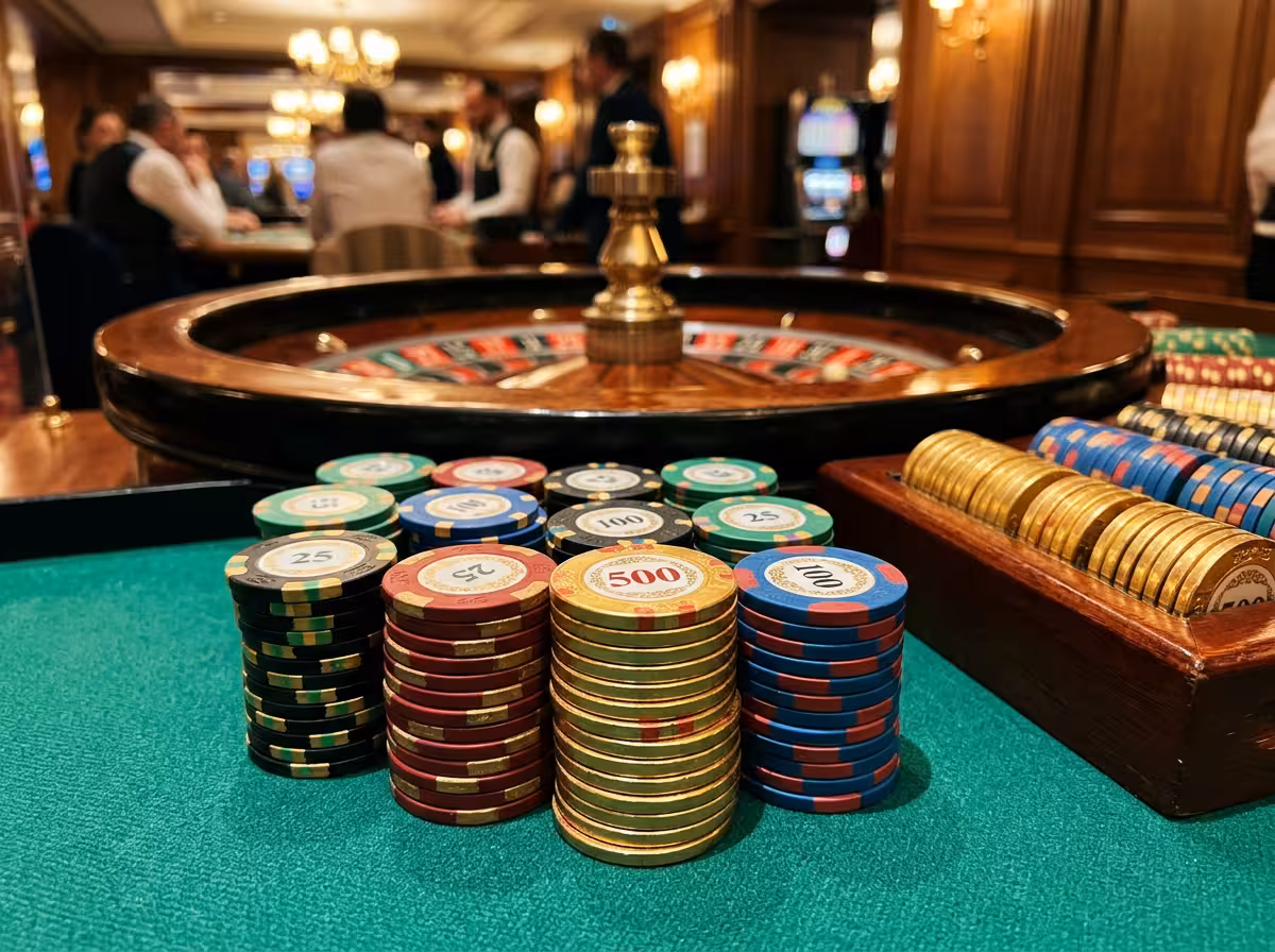 Jetons empilés et détail d'une roulette de casino dans une salle lyonnaise