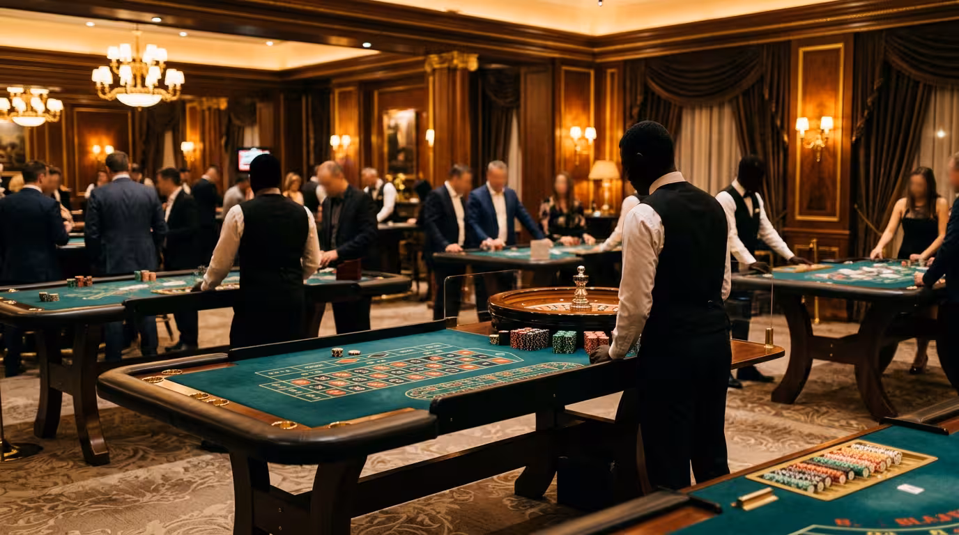 Salon de jeu du Casino Monte-Carlo avec tables de roulette et blackjack, feutrine verte et ambiance haut de gamme