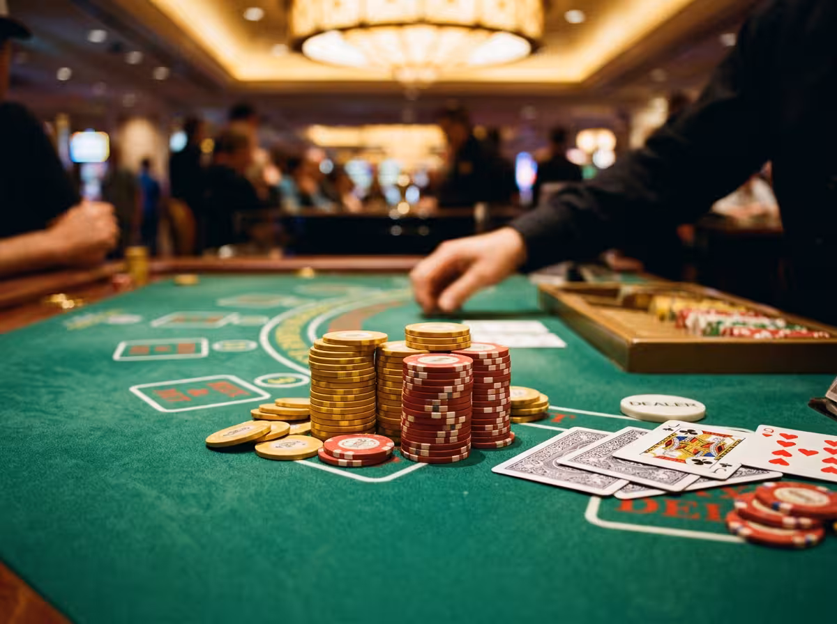 Détail d'une table de jeu avec jetons de casino, cartes et feutrine verte du Casino Monte-Carlo