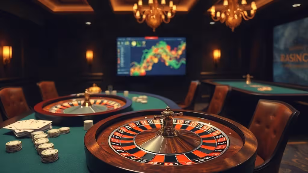 Ambiance de casino virtuel avec roulette, jetons et écran d’interface flou.