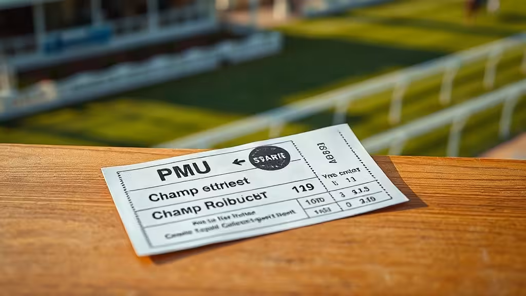 Tickets de pari PMU pour le Quinté avec champ réduit devant un hippodrome verdoyant.