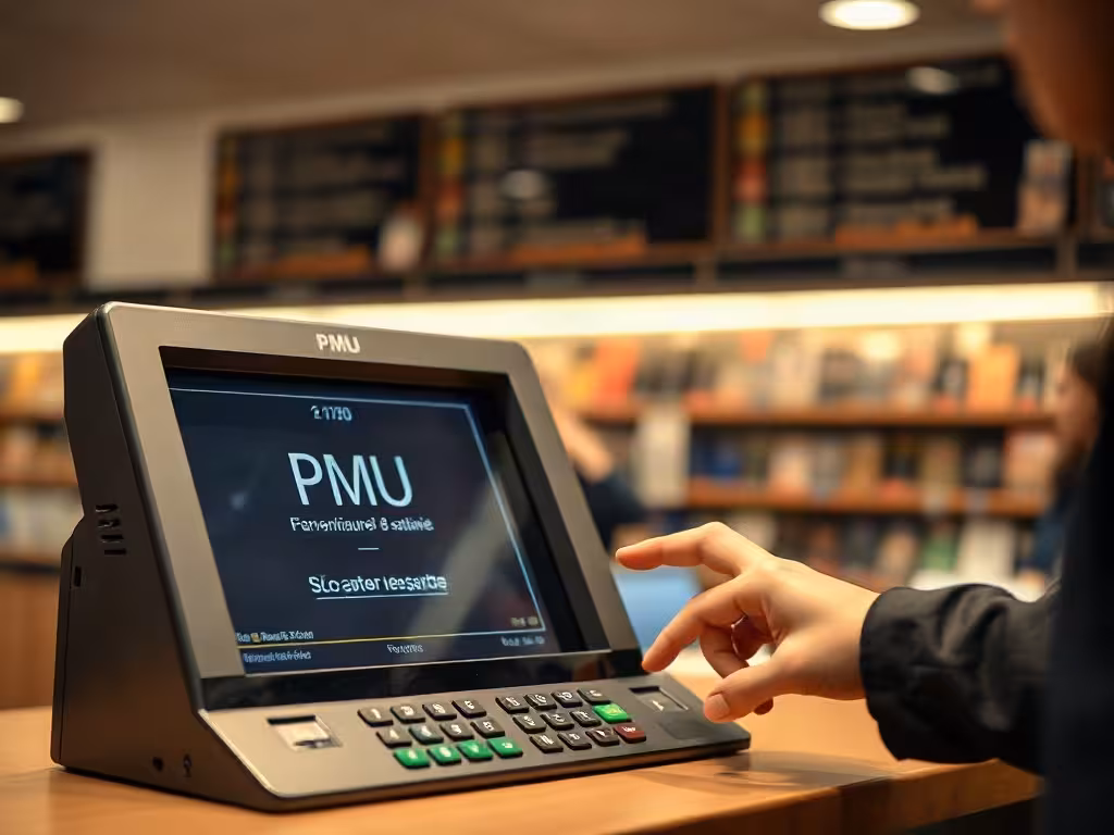 Joueur utilisant un terminal PMU pour placer un pari champ réduit Quinté+ en bureau de tabac.