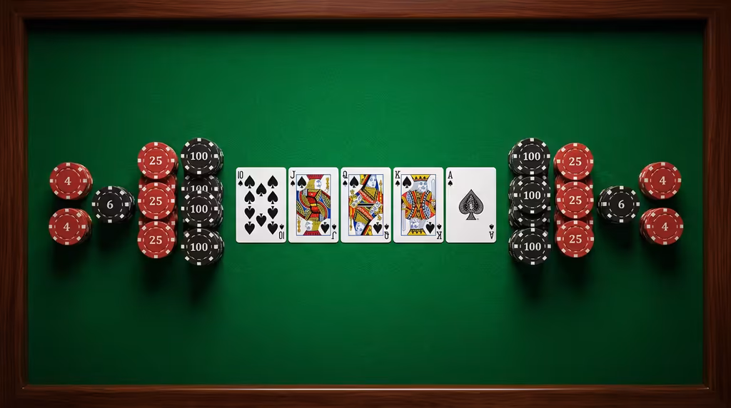 Combinaisons au poker disposées sur tapis vert avec jetons