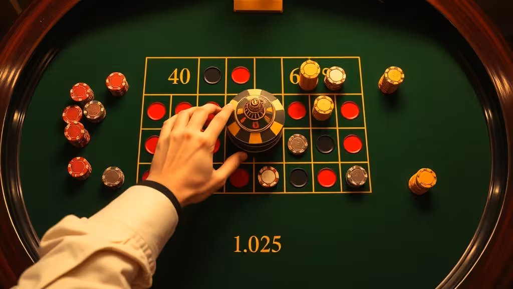 Plateau de roulette avec jetons colorés organisés et main plaçant une mise stratégiquement