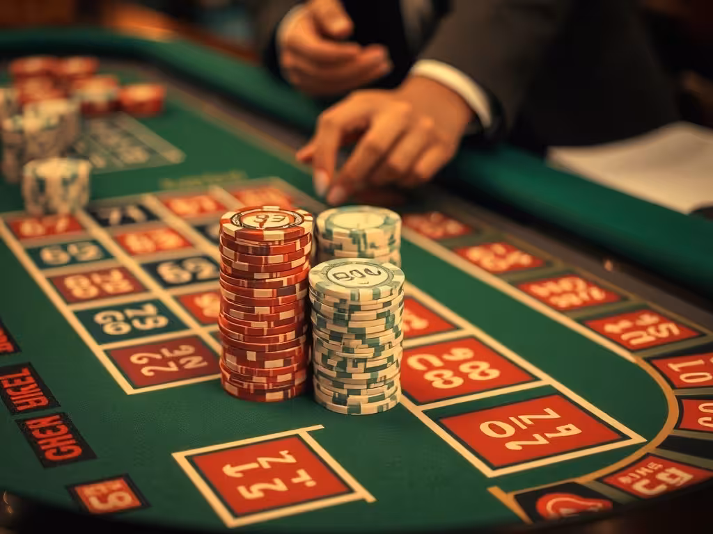 Jetons de roulette en piles organisées, illustrant la gestion méthodique du bankroll