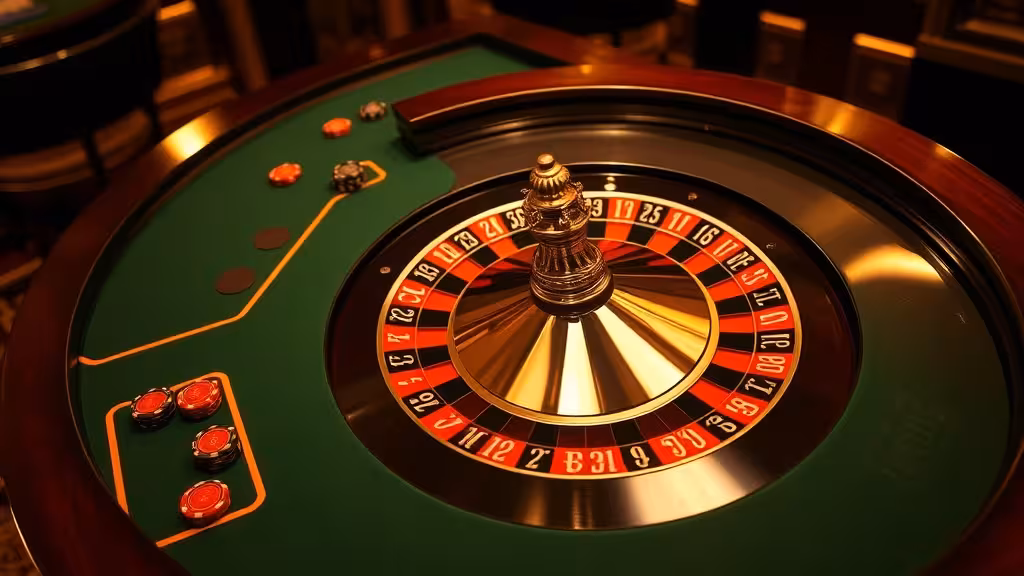 Table de roulette classique vue de dessus avec jetons placés, ambiance casino professionnelle et lumière dorée.