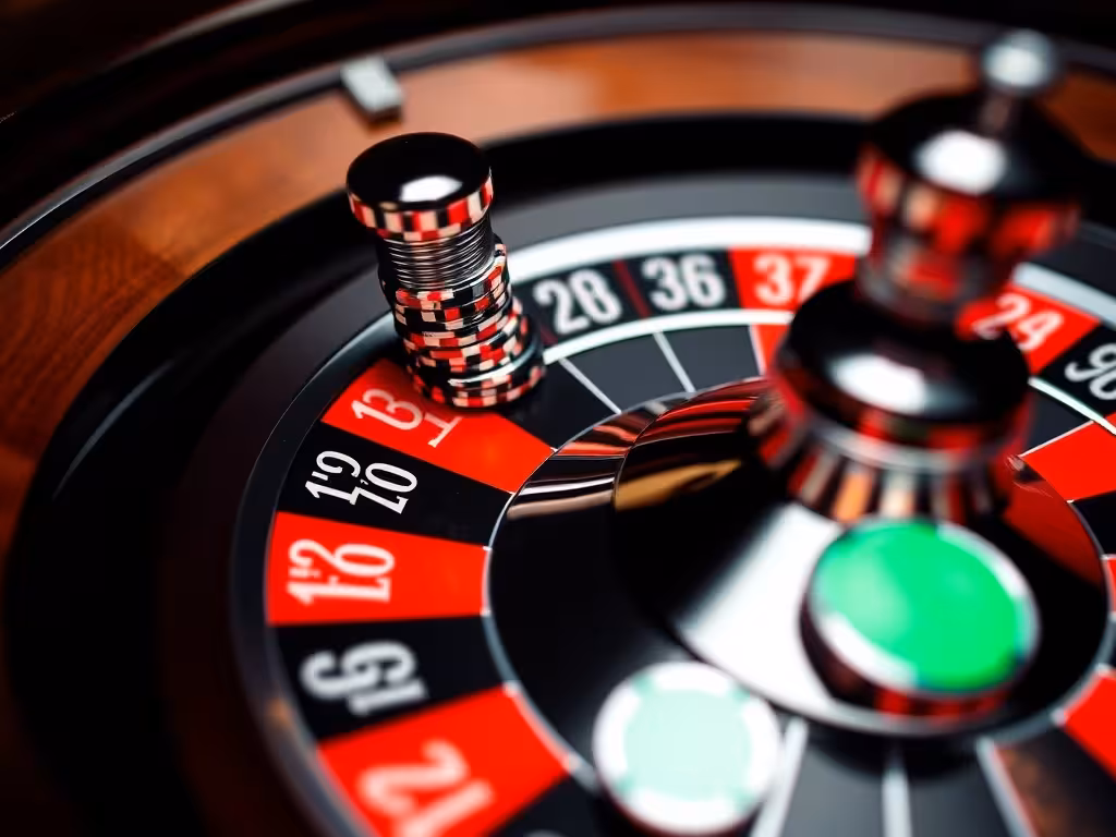 Détail d'une roulette montrant les cases rouges, noires et zéro avec jetons sur différents types de pari.