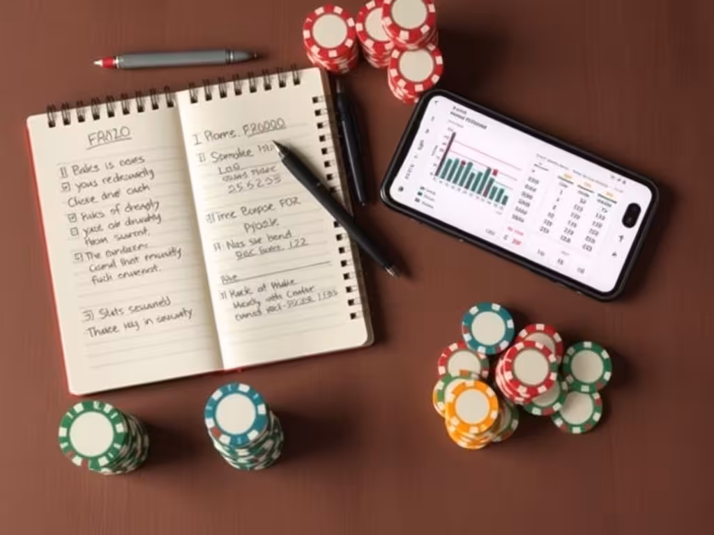 Approche analytique de la gestion de bankroll avec notes de calcul, jetons organisés et interface de suivi.